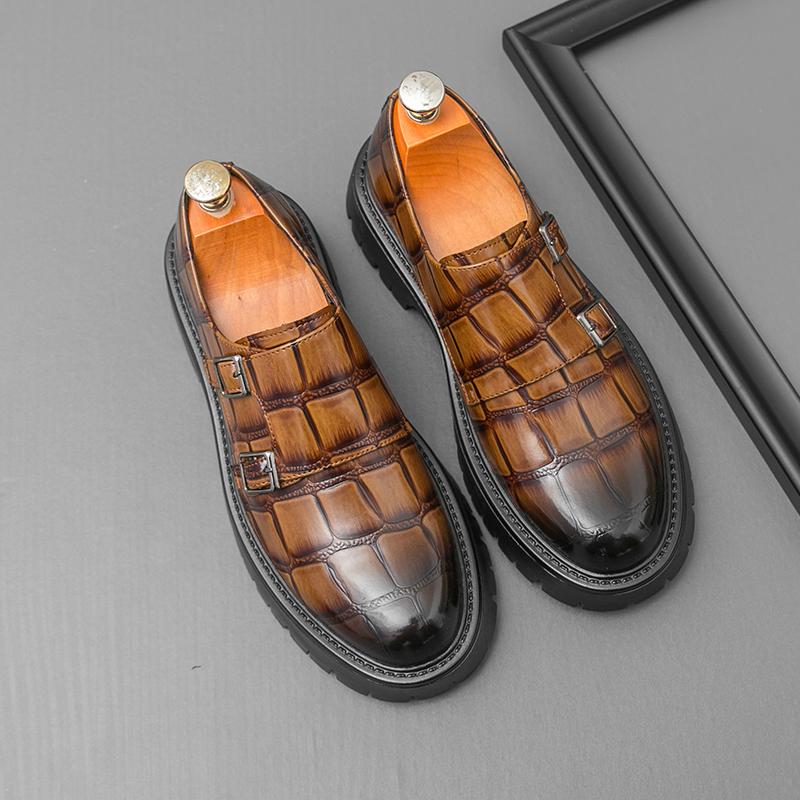 Ретро Мужские Лоферы, Увеличивающие Рост, Черно-коричневые, Повседневные, На Толстой Подошве, Нескользящие, Модные, На Пуговицах, Кожаные Туфли, Социальная Обувь, Мужские