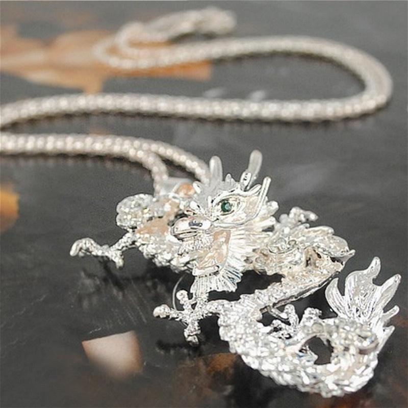 Мода Новое Золото и Серебро Китайский Дракон Сплав Подвеска Длинное Ожерелье Ожерелье с Драконом с Бриллиантами Цепочка для Свитера Ювелирные Изделия ADM