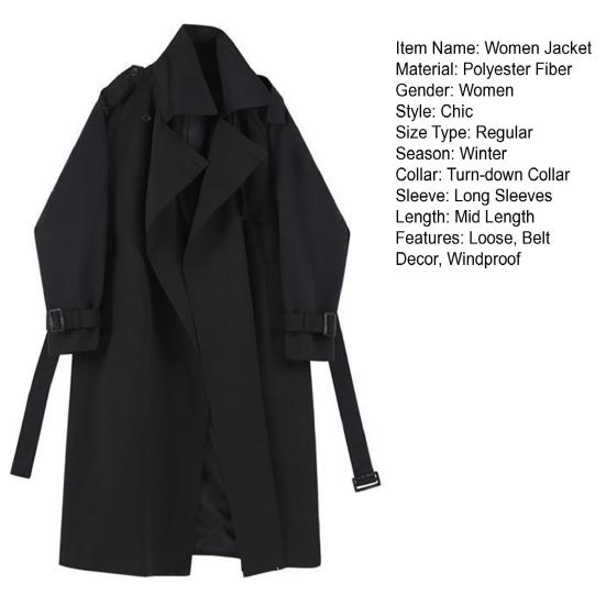 Женская ветровка с отложным воротником, свободное однотонное пальто с длинными рукавами, декорированное поясом, пальто средней длины с карманами, ветрозащитная женская куртка