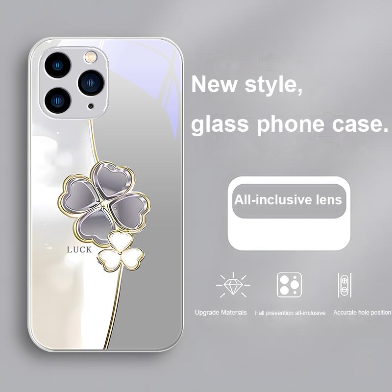 Four leaf clover deep purple grey for Iphone 15 14 13 12 11 Pro Max X XS XR 7 8 Plus 2020 2022 SE Tempered glass phone case