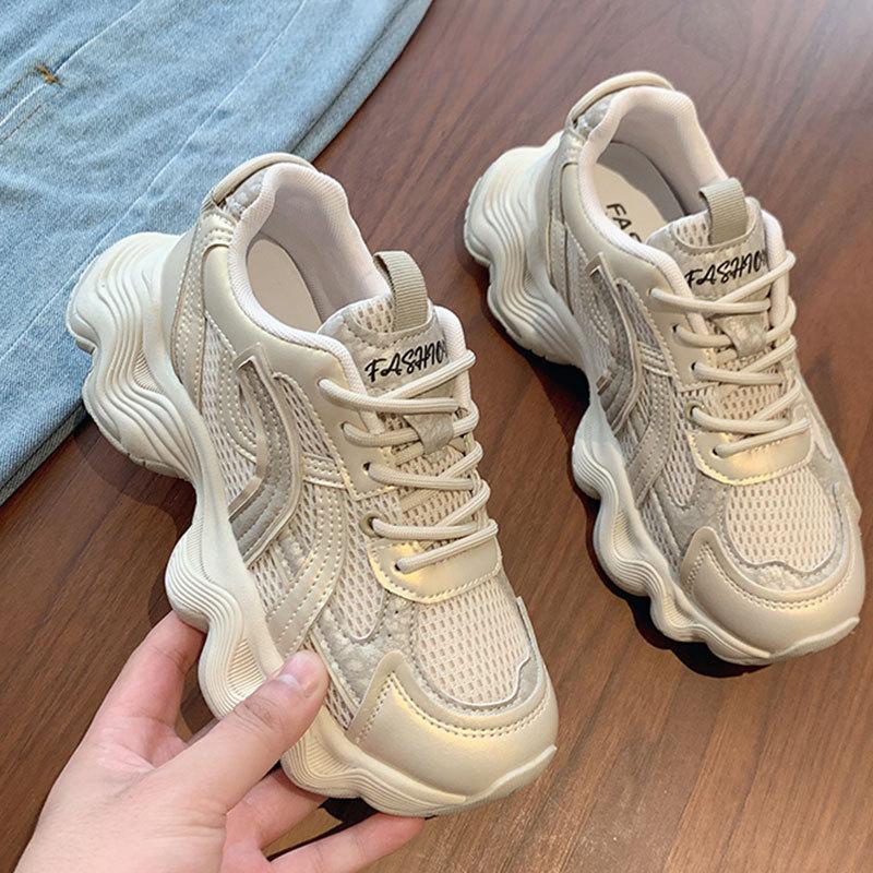 Кожаные сетчатые дышащие туфли Daddy Shoes женские летние новые универсальные повседневные кроссовки с толстой подошвой увеличенного размера