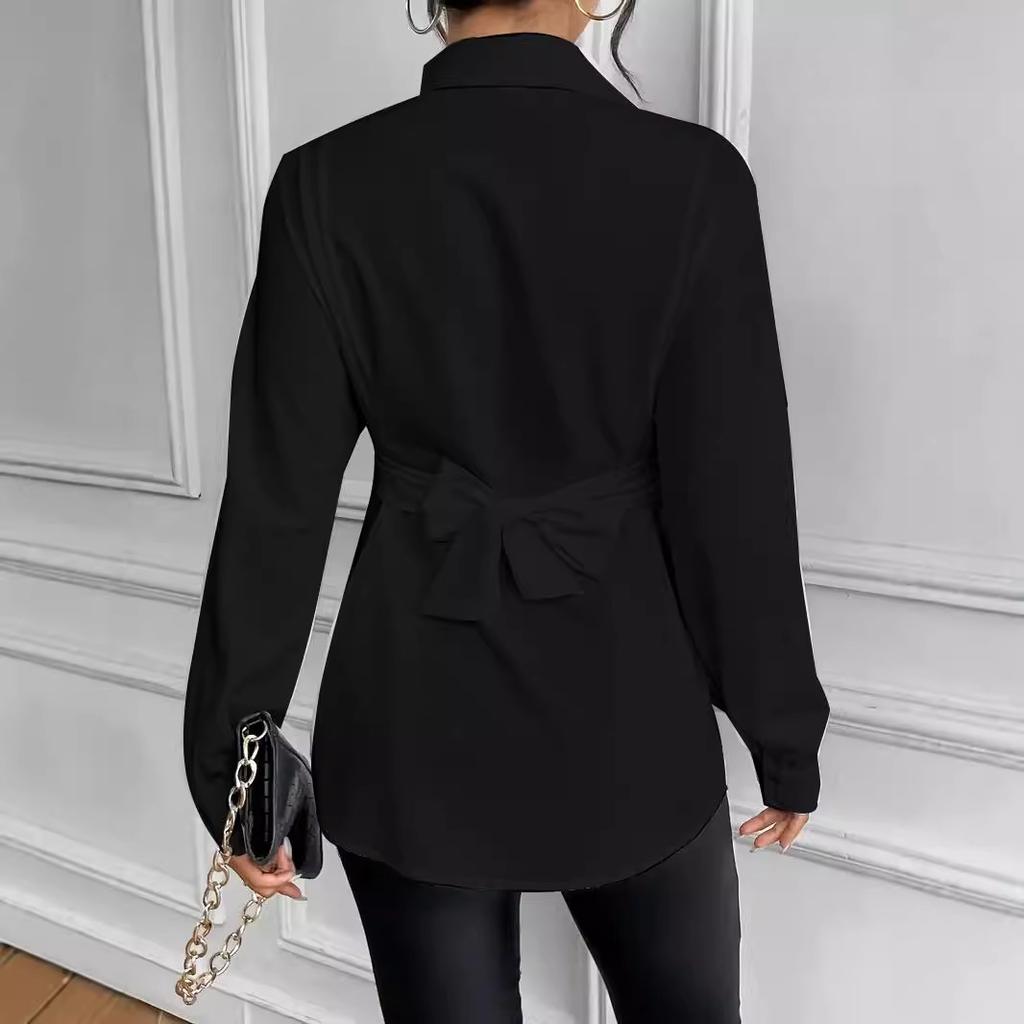 YYFS Women's Fashion Casual Spring Fall Solid Color Print Long Sleeve POLO Neck Blouses & Shirts