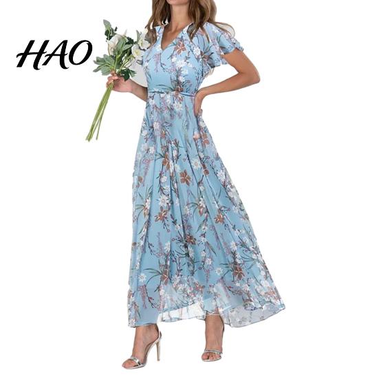 Maxi Dress V-neck Ruffle Short Sleeve Waist Tight High-waist Women Flowy Hem Sweet Floral Print Chiffon Female Clothing