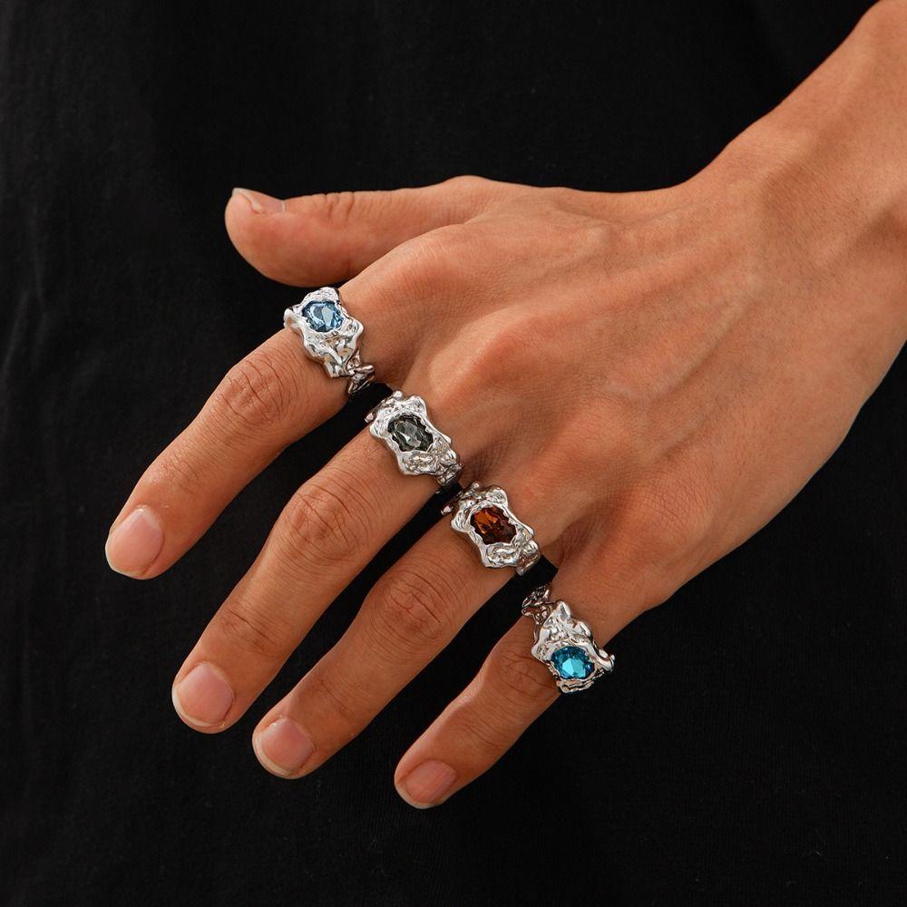 4Pcs Gold Silver Rhinestone Open Ring Irregular Exaggerate Rings Colored Gemstone Rings  Party