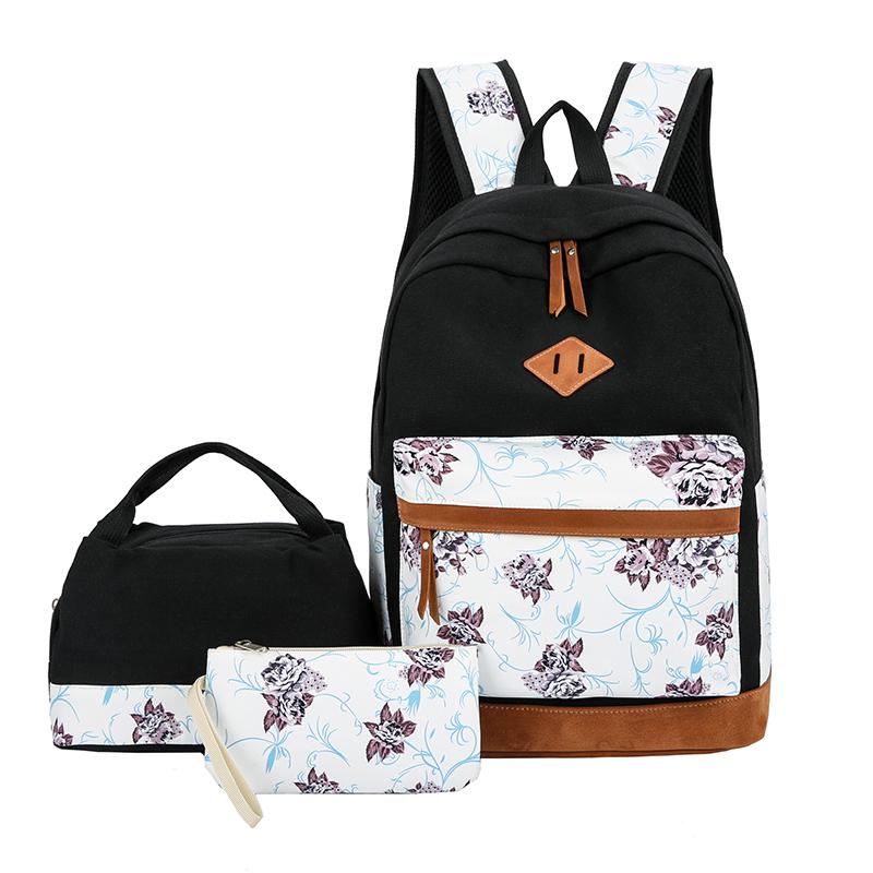 Girl Flower Printed Primary Junior High University Bookbag Lunch Bag Pencil Case 3pcs Backpack Sets Youth School Backpacks