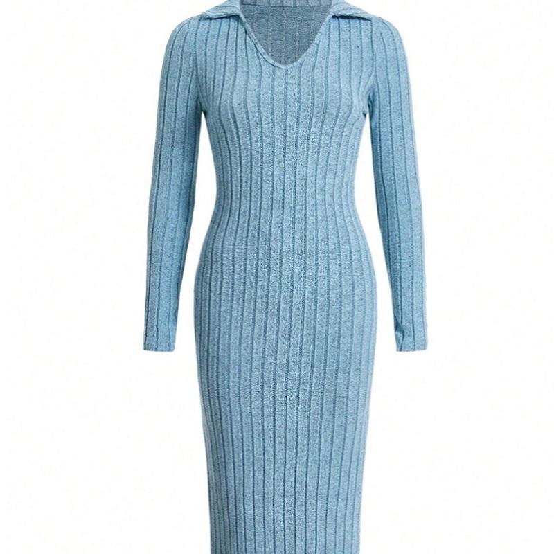 Модное женское сексуальное трикотажное платье с V-образным вырезом и обратным вырезом, осенне-зимнее эластичное базовое боди-платье с длинными рукавами