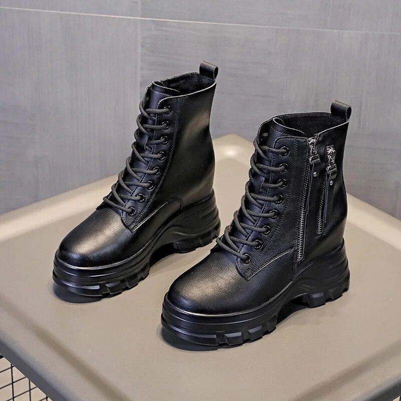 Весна Осень Обувь из Натуральной Кожи Женские Кроссовки Модная Женская Обувь Увеличение Роста 9см Черный Бежевый