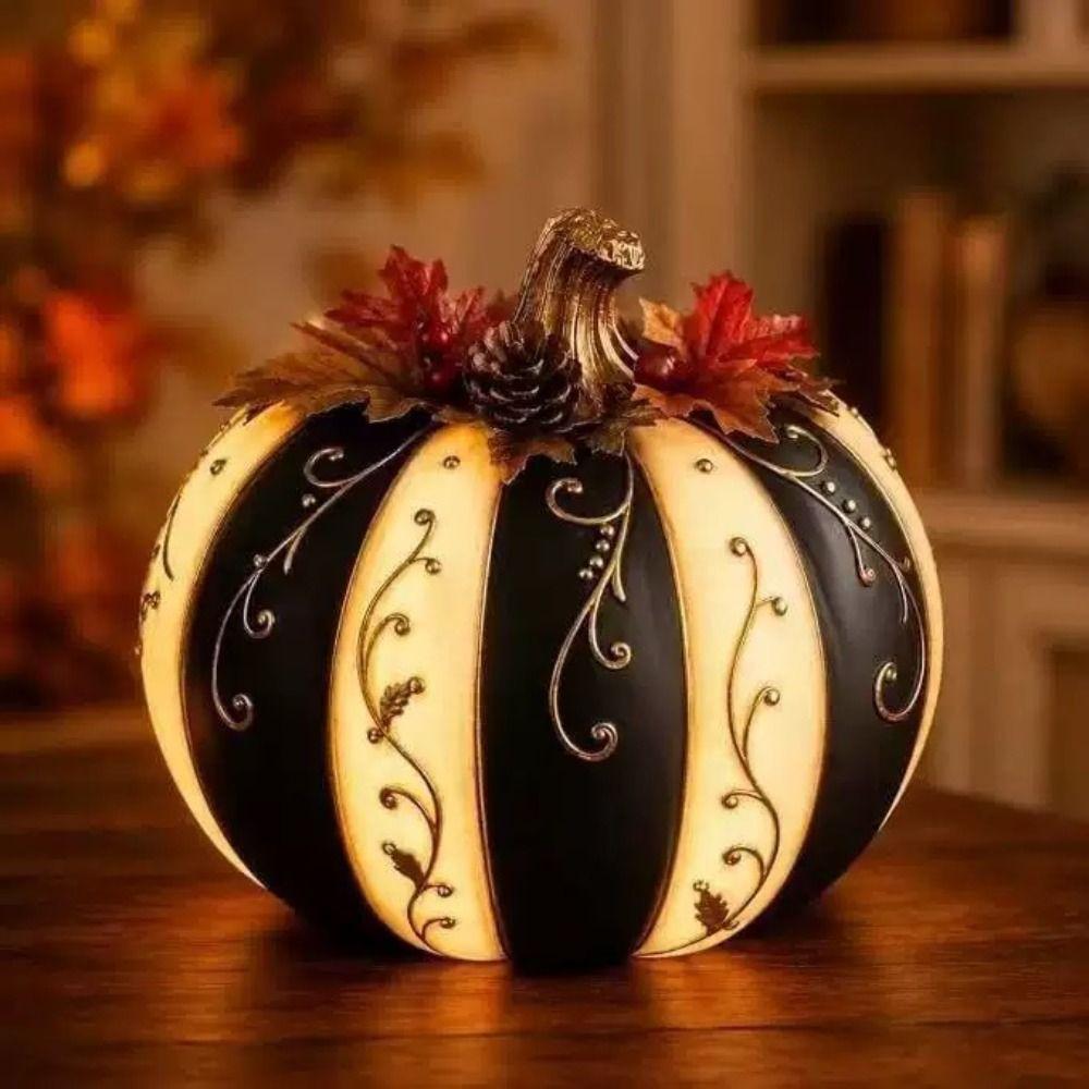 Golden Pattern Light Up Pumpkin Black White Striped Design Halloween Ornament Home Decoration