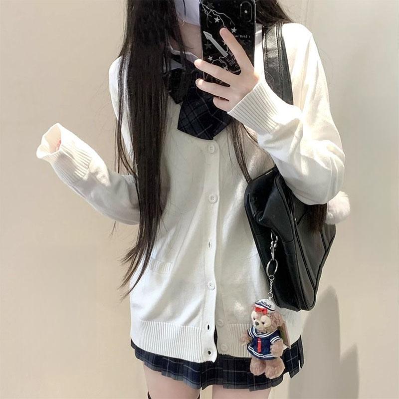 Preppy Style Jk Uniform Cardigan Sweater Japanese Style Women V-Neck Knitted Elastic Solid Slim Long Sleeve Harajuku Casual Coat