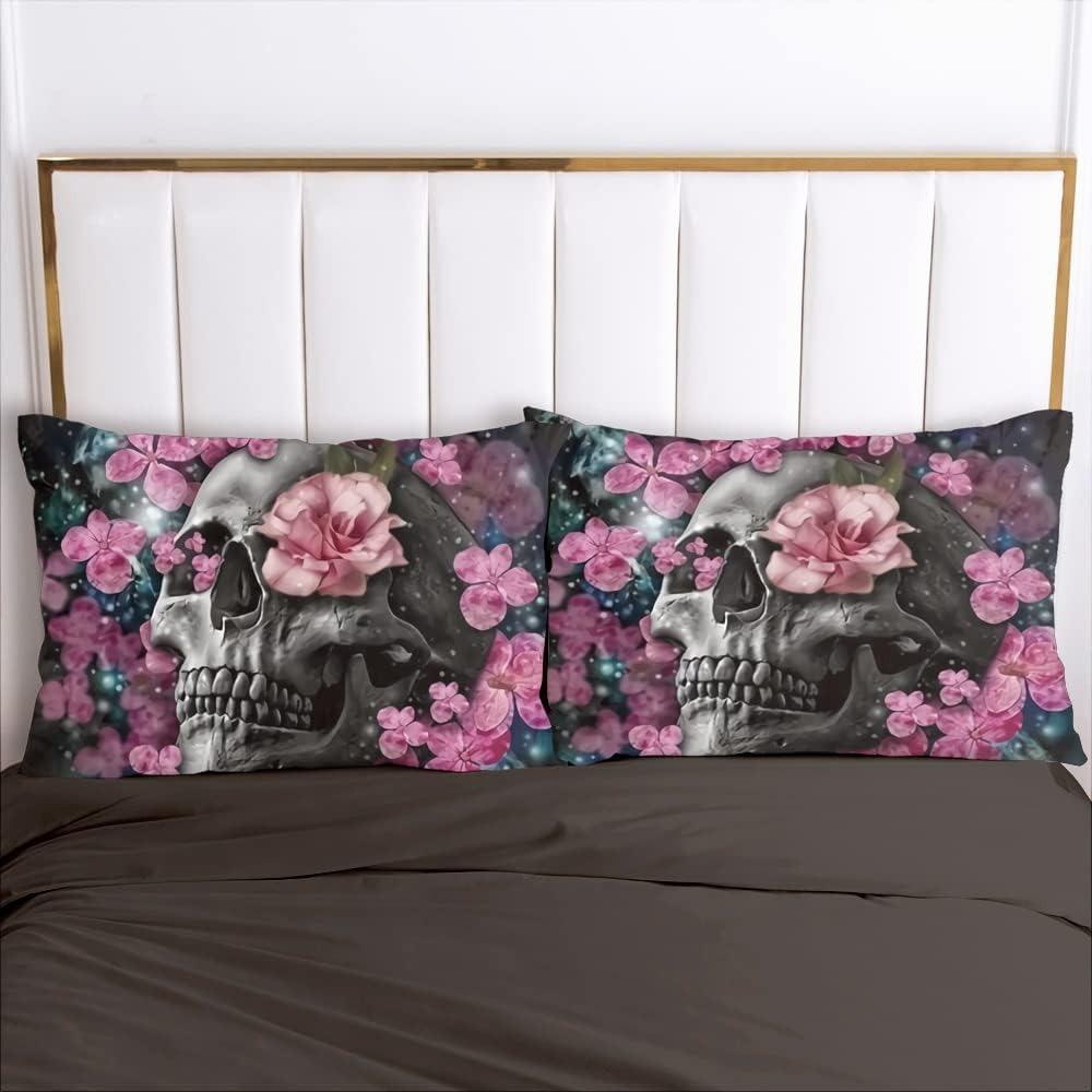 3D Printed Gothic Skull Rose Microfiber Duvet Cover Soft and Comfortable 3-piece Bedding Set with Zipper and 2 Pillowcases