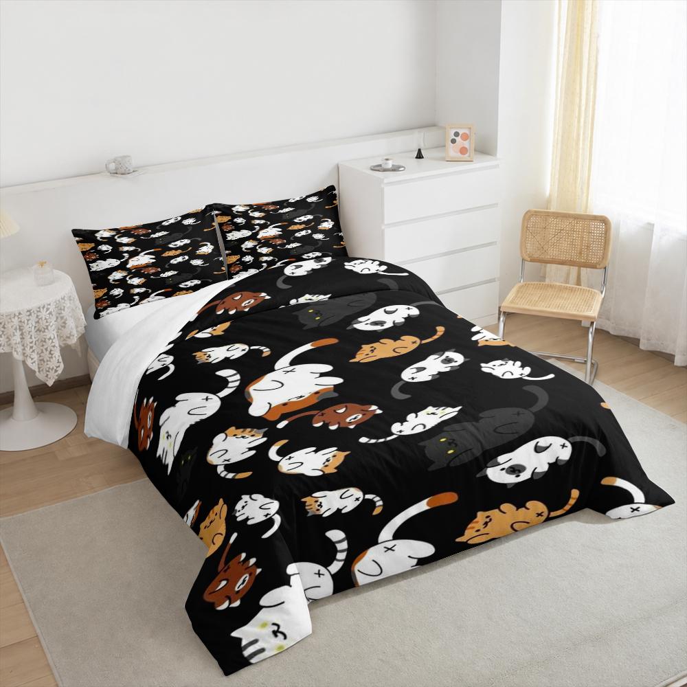 Black Background Chubby Cats Bedding set (1 duvet cover, 2 pillowcases, duvet not included), Cute Cartoon Kitties in Poses Flat Illustration Print