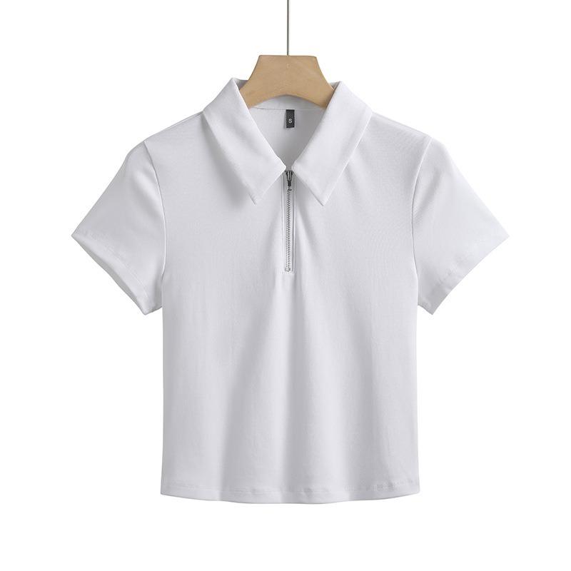 Женская короткая футболка облегающего кроя с застежкой-молнией и лацканами из эластичного хлопка, удобная и модная, с короткими рукавами