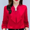Spring and Summer Satin Shirt Women's Korean Fashion Glossy Top Premium Bow V-Neck Long Sleeve Shirt Plus Size
