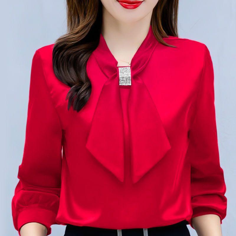Spring and Summer Satin Shirt Women's Korean Fashion Glossy Top Premium Bow V-Neck Long Sleeve Shirt Plus Size