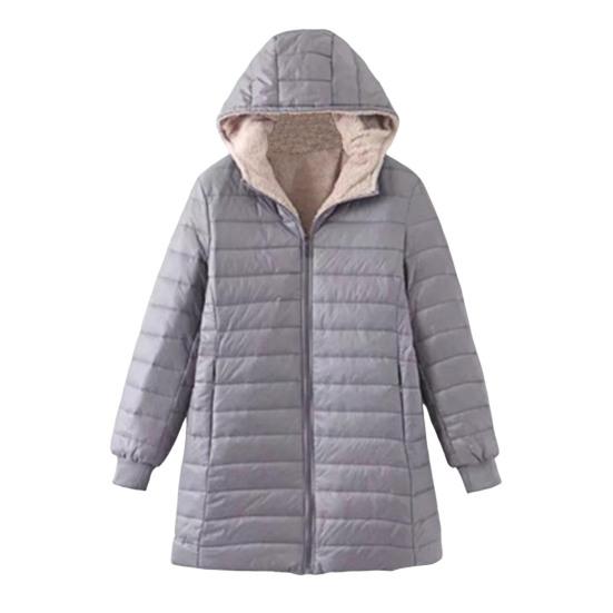 Winter Down Coat Thickened Padded Plush Hood Mid Length Full Zipper Windproof Long Sleeves Pockets Warm Daily Wear Outwear Cotton Jacket
