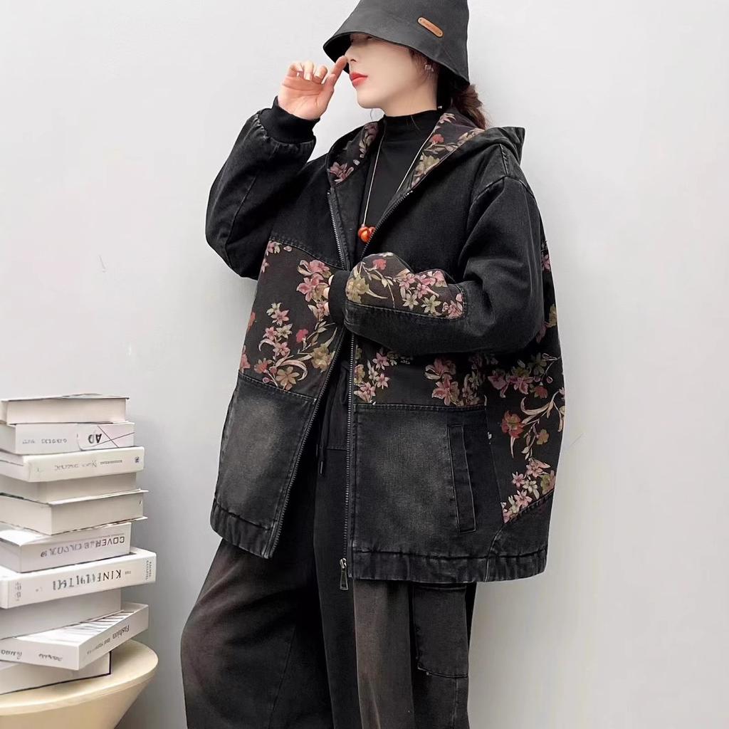 2025 Autumn New Product Splicing Printing Outer Loose Version Positive Denim Zipper Hooded Jacket Women's Top