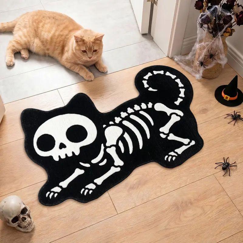 Skeleton Cat Shape Rug Soft Flannel Irregular Floor Mat Anti‑slip Halloween Carpet For Entrance Bedroom Home Party Decor