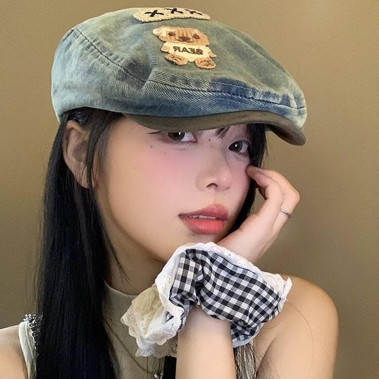 Милая джинсовая шляпа с нашивкой в виде медведя, женская ретро-многофункциональная шляпа с лицом, маленькая потертая шляпа старого художника