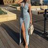 Summer Women's Blue Sensual Button-Front Denim Maxi Dress