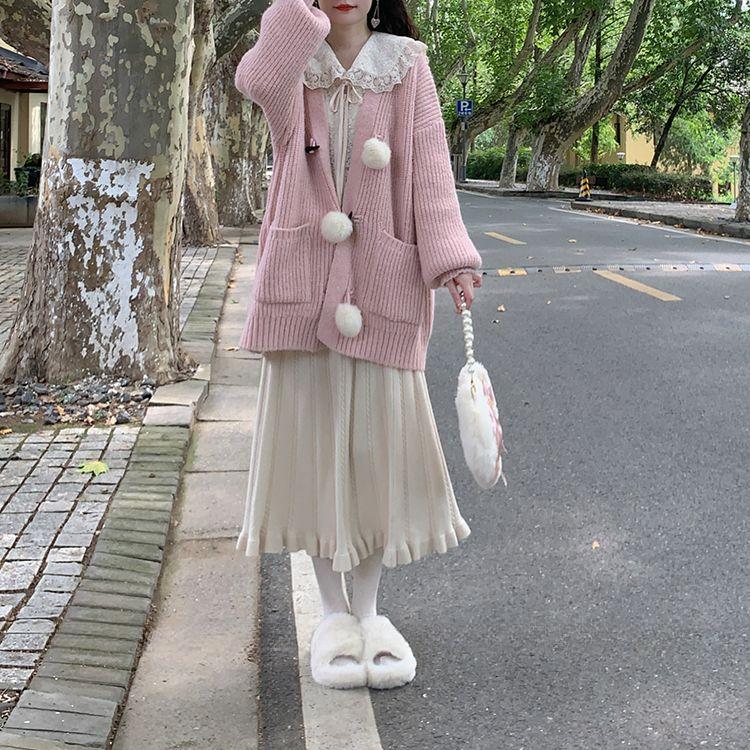 Кавайный свитер, кардиган, женский японский модный свитер с v-образным вырезом и плюшевыми пуговицами, милый свободный вязаный свитер с длинными рукавами, зимний розовый топ