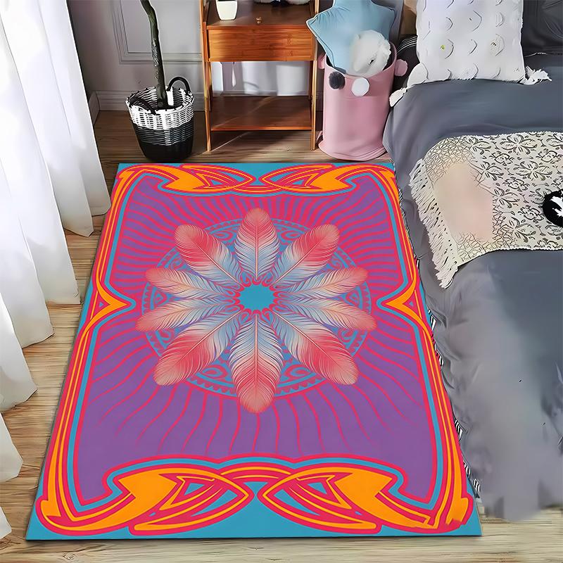 Bohemian Style Carpet with Feather Mandala Pattern in Vibrant Colors Suitable for use as an anti-slip for living room bedroom sofas