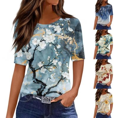 Футболки для женщин с круглым вырезом, нарядные повседневные блузки с принтом, короткие рукава, летние топы свободного кроя