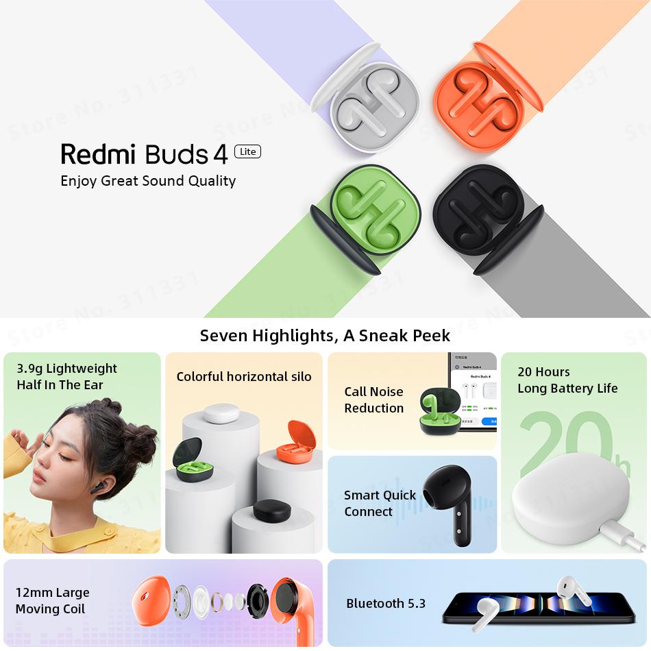 Xiaomi Наушники Redmi Buds 4 Lite TWS Bluetooth-гарнитура Mi True Беспроводные наушники с длительным временем автономной работы и микрофоном