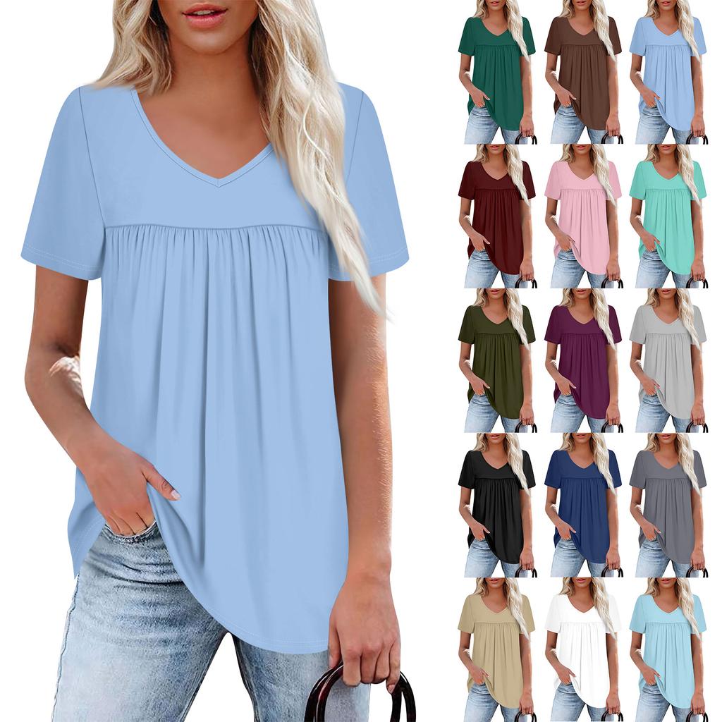 Women's Casual V-Neck Short Sleeve Chest Ruffle Solid Color Top