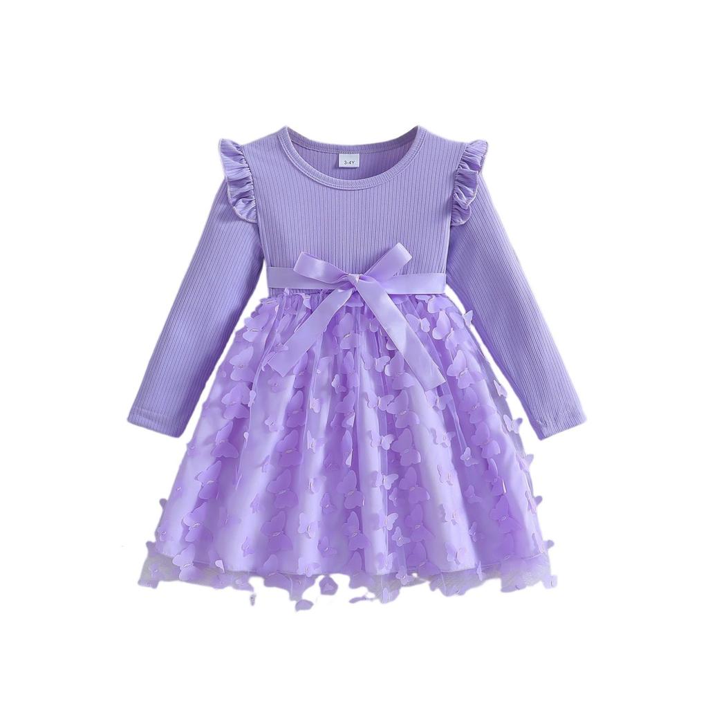 Girls' 3D Bow Dress - Long Sleeve Tulle Belted Gown
