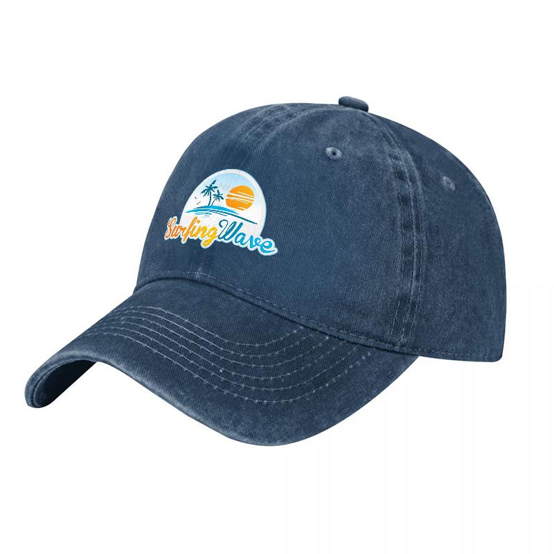 Surfing Wave Logo Washed Canvas Baseball Cap with Tropical Sunset Design for Casual Outdoor Wear and Beach Style Fashion