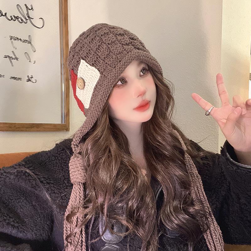 Red Hat for Women In Autumn and Winter Warm Wool Hat Tassel Knitted Hat Hand-knitted Ear Protection Hat for Women