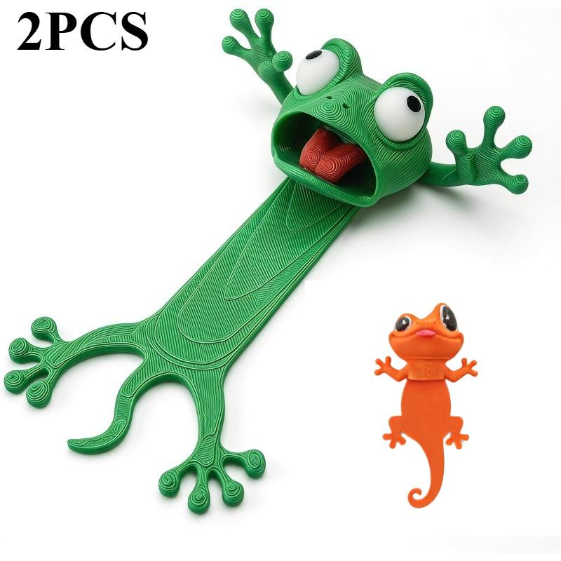 2Pcs 3D Printed Cute Animal Squeeze Bookmark Set, Frog Gecko Random Pattern, Creative Reading Gift & Office Supplies