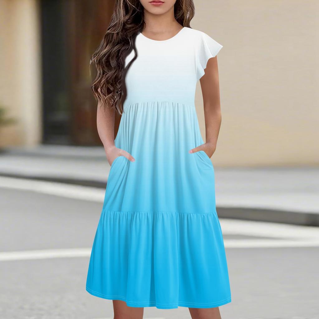 Детская юбка с круглым вырезом, плиссированная, с коротким рукавом, юбка принцессы, модное повседневное платье с карманами для девочек