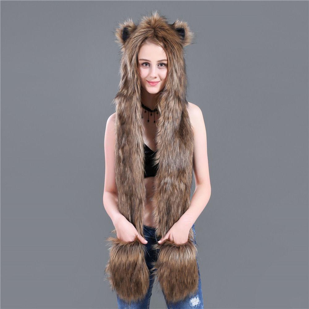 Пушистый плюшевый шарф, перчатки, шапка, комплект, теплая шапка с изображением животных, ветрозащитная зимняя кепка для отдыха на природе