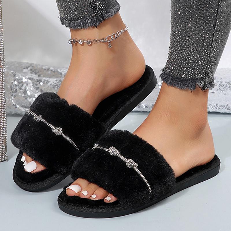 Fashion Crystal Decor Fluffy Home Slippers for Women Autumn Winter Soft Warm Plush Indoor Slippers Woman Non Slip Cozy Faux Fur Slides