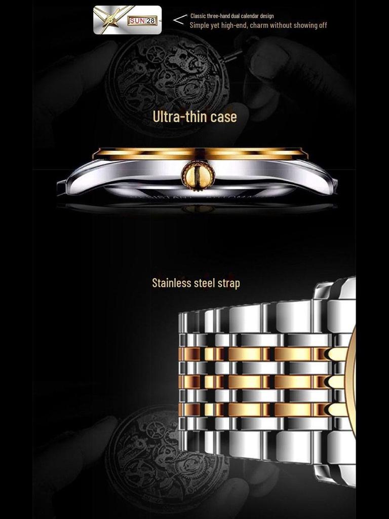 Aili Feida Men's Quartz Waterproof Watch with Hollow Back and Calendar Feature.