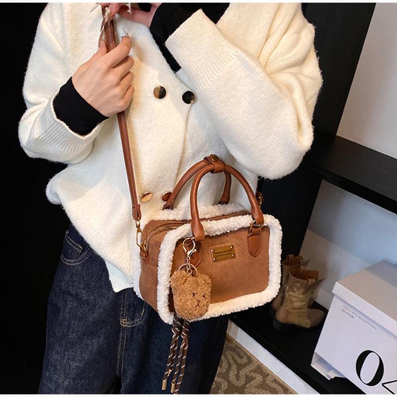 Retro Winter Handbag Matte Crossbody Bag Small Plush Square Bag With Charm Adjustable Shoulder Strap Zipper Wallet