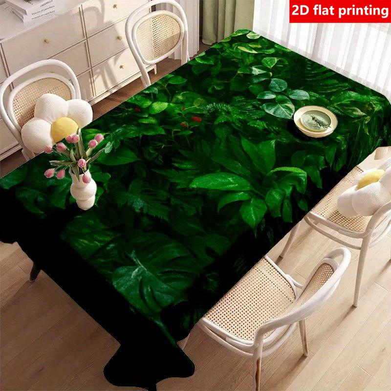 2D Flat Printing, 1pc Tropical Green Plant Printed Tablecloth, Durable Polyester, Featuring a Fresh and Lush Green Plant Pattern, Machine Washable and
