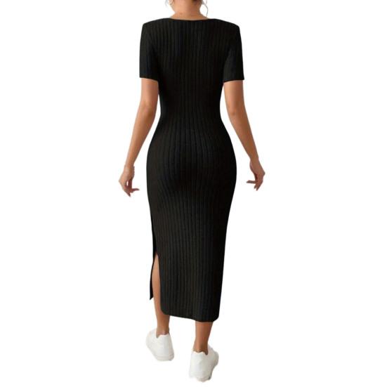 Women Summer Dress Square Neck Split Hem Knitted Elastic Skinny Solid Color Mid-calf Length Short Sleeves Lady Party Commute Midi Dress