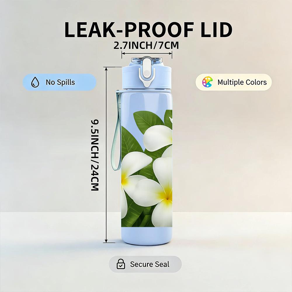 1PC White Plumeria Flower Bloom 750ml Color Plastic Sports Water Bottle Leakproof Flip Straw Lid For Sports Office Home Use