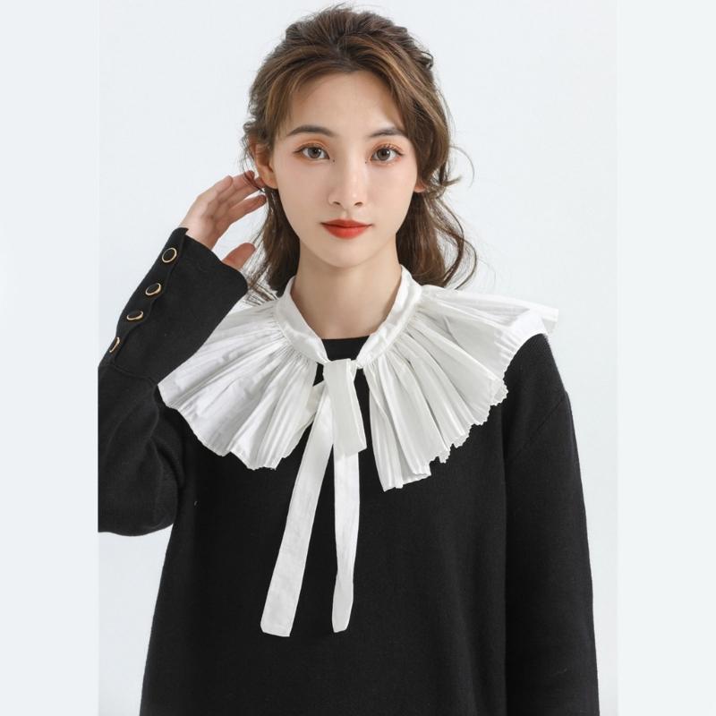 Women Girls Vintage Lolita False Fake Collar Shawl Sweet Ruffles Lace-Up Bow Decorative Necklace Choker Short Poncho