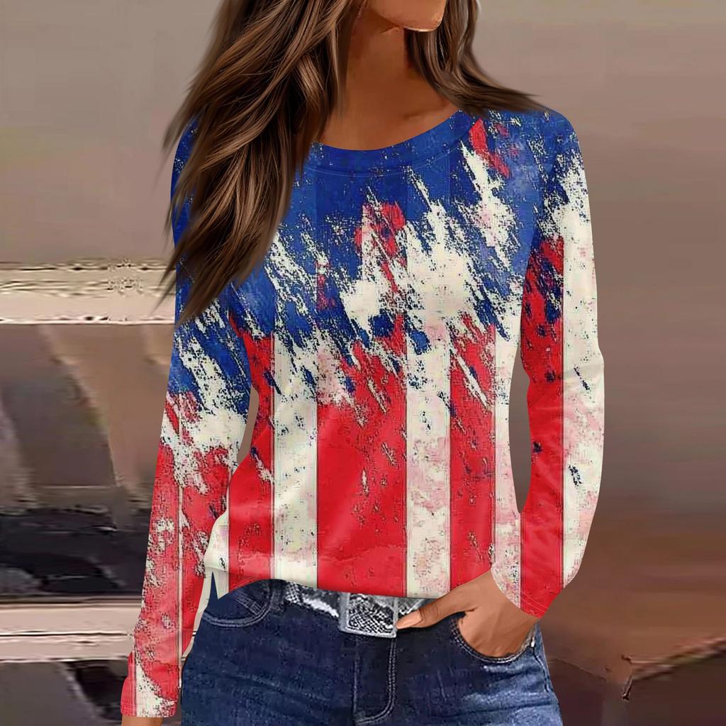 Women's Fashion Slit Hem Independence Day Printed Round Neck Long Sleeve Top