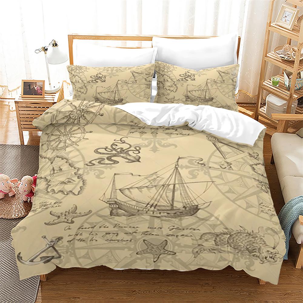 Pirate Ships Duvet Cover Set Vintage Nautical Style Comforter Cover Polyester Bedding Set Medieval Sailing Ship King Queen Size