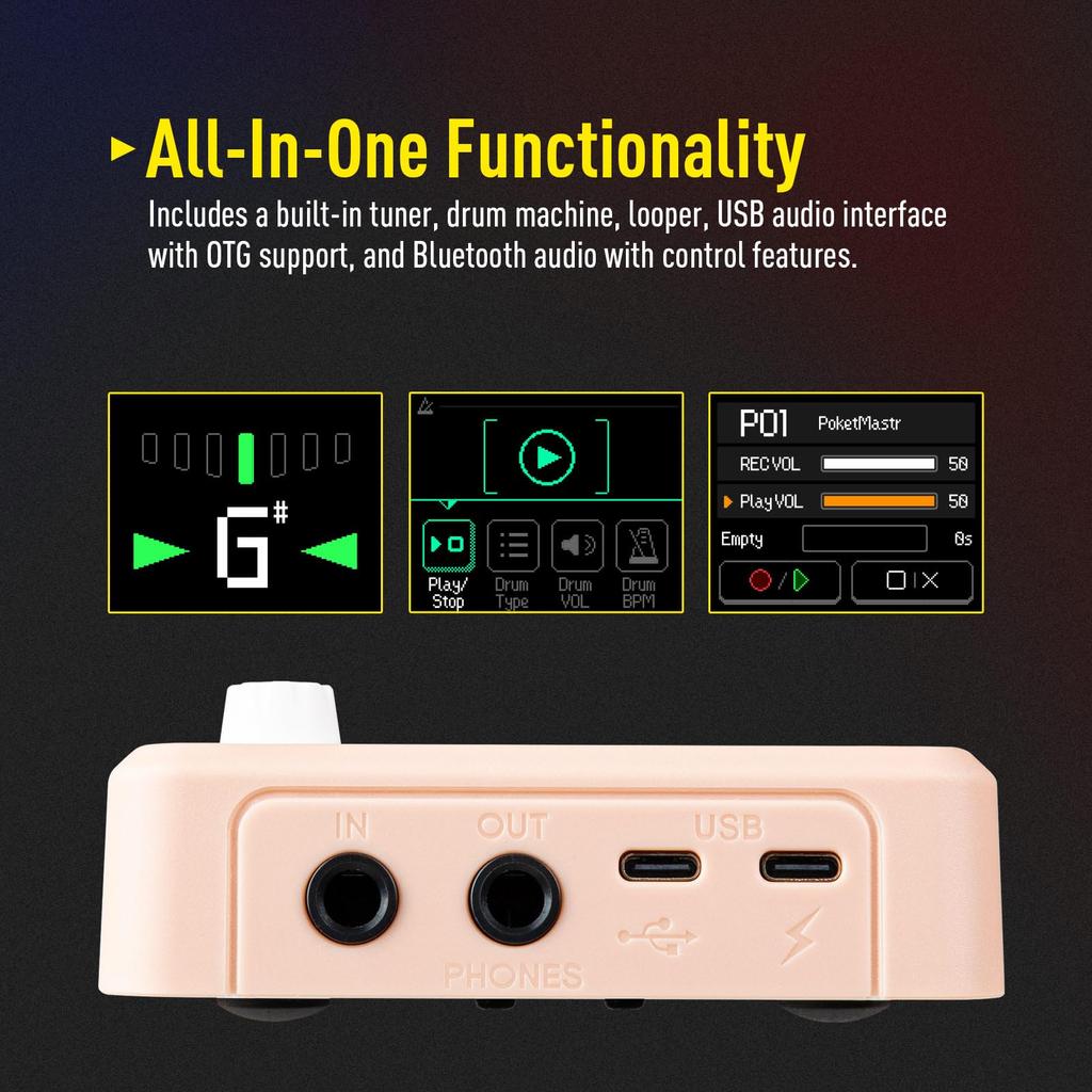 SONICAKE Pocket Master Портативная мультиэффект-педаль 100+ эффектов Моделирование усилителей для гитары, баса, акустики IR-кабинеты Стерео OTG USB-аудио Перезаряжаемая Розовый