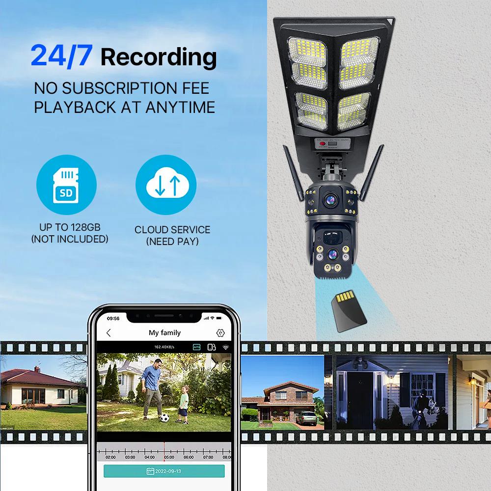 Multi-functional Solar Street Light with PIR Sensor Dual-lens Monitoring, Intelligent Lighting, Wireless WIFI/4G Camera