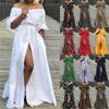 Womens Fashion Off The Shoulder Elegant Long Dress Halff Lantern Sleeve Buttons Slit Party Casual Maxi Dresses