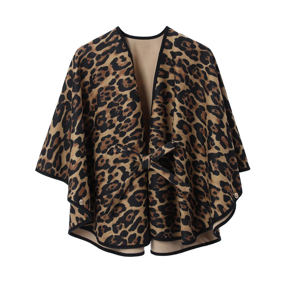 Women Leopard Print Cape Shawl With Belt, Casual Warm Wrap Poncho Coat For Autumn Winter
