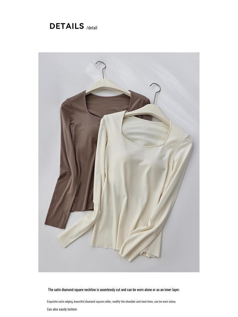 Women's Wool Square Collar Long Sleeve Thermal Shirt with Chest Pad