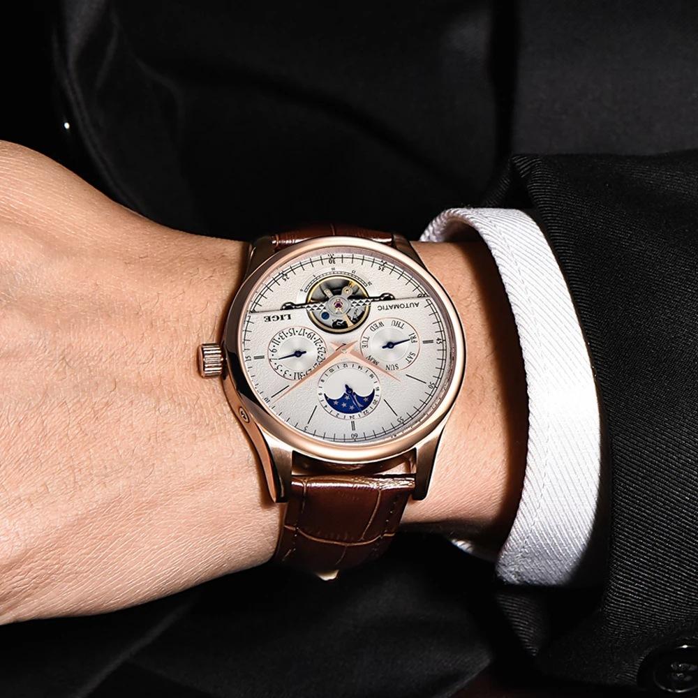 LIGE Men's Automatic Mechanical Watch Leather Waterproof Multi-Function Sports Tourbillon Wristwatch