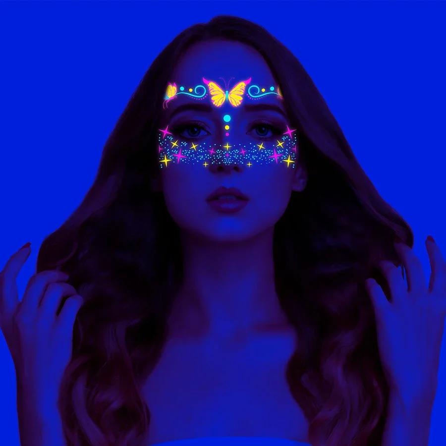 8pc/Set Butterfly Tattoo Sticker Party Nightclub Fluorescent Face Sticker Bar Waterproof UV Glowing Neon Tattoo Music Festival